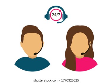 Male and female call center avatars. Call center operators. Support service. Hotline. Cartoon style.
