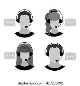 Male and female call center avatars with headset and speech bubbles.  Client services and communication. Call center avatar icons. Vector illustration