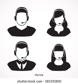 Male and female call center avatars with headset. Client services and communication. Call center avatar icons. Vector illustration