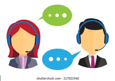 Male and female call center icons with headsets and speech bubbles on white background