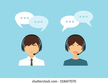 Male and female call center operators wearing headsets and speech bubbles. vector concept icon