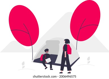 Male and female camping in outdoor, trees, mountains and tents. Vector illustration