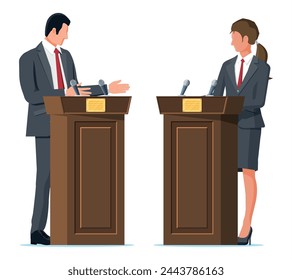 Candidatos de ambos sexos en las tribunas con micrófonos. Discusión política entre hombre y mujer. Concepto de elecciones presidenciales. Debate político, económico. Ilustración vectorial de diseño plano