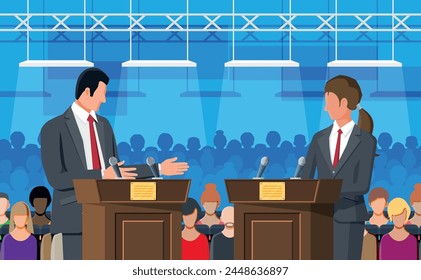 Male and female candidates at rostrums with microphones. Politics discussing between man and woman. Presidential elections concept. Political, economic debate. Flat design vector illustration