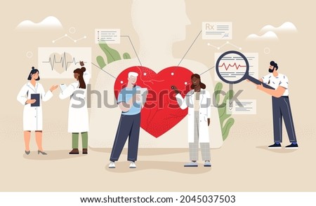 Male and female cardiologists are checking up heart of patient on beige background. Concept of medical diagnostics of human cardio diseases. Examination and treatment. Flat cartoon vector illustration