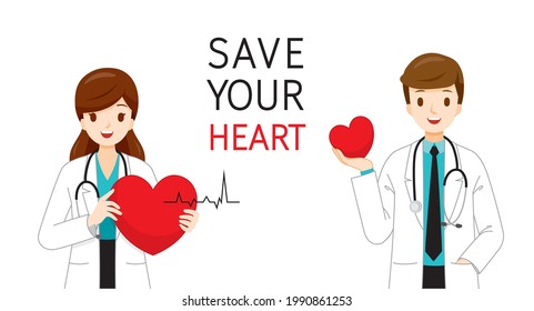 Male And Female Cardiologists With Hearts In Hands And Save Your Heart Texts