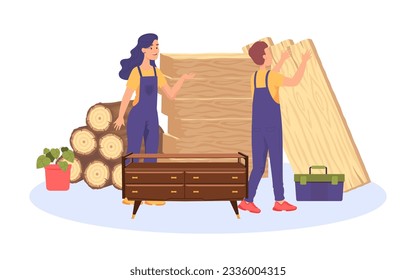 Carpinteros machos y hembras haciendo ilustración vectorial de gabinete. Dibujo de dibujos animados de hombres y mujeres haciendo muebles de madera o tablas de madera. Mobiliario, carpintería, concepto de materiales