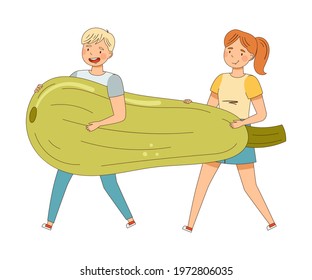 Male and Female Carrying Huge Marrow Squash Vegetable as Source of Vitamin and Energy Vector Illustration