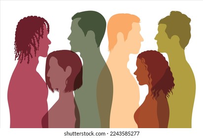 Male and female cartoon character different cultures and countries. Crowd of people. Multi-ethnic community integrating multiculturalism. 