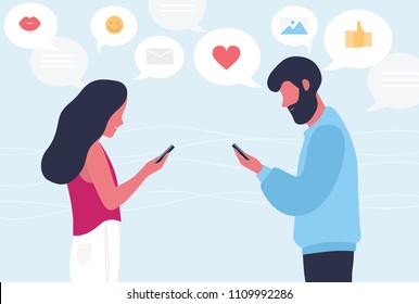 Male and female cartoon characters chatting or texting on their smartphones. Young romantic couple sending messages to each other. Internet or online communication. Flat colorful vector illustration