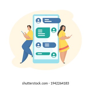 Male and female cartoon characters communicate with each other using mobile online messaging application. Flat vector illustration. Smartphone with chatting mobile app