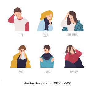 Male And Female Cartoon Characters Demonstrating Symptoms Of Common Cold - Fever, Cough, Sore Throat, Snot, Chills, Dizziness. Collection Of Sick Or Ill Men And Women. Flat Vector Illustration