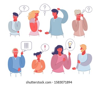 Male and female cartoon characters thinking or making decision, vector flat illustration isolated on white background. Pensive, thoughtful people with thought bubbles.