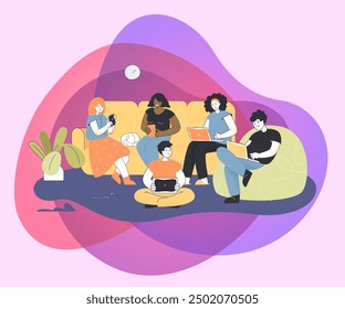 Male and female cartoon characters using laptops, tablet, smartphones. Digital device users spending time together flat vector illustration. Modern technology, internet surfing, public access concept
