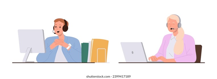 Male and female cartoon characters wearing headphones talking with client at workplace isolated set