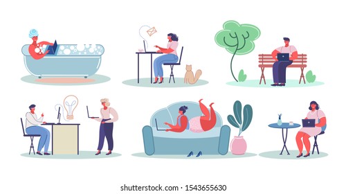 Male and female cartoon characters working, surfing the net using laptop computers at home, in office, cafe and in the park, vector flat illustration isolated on white background.