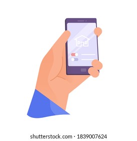 Male or female cartoon hand hold phone with interface of smart home application. Modern wireless technology of house assistant. Flat vector illustration of smartphone app isolated on white background