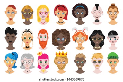 Male and female cartoon portrait set of different ethnicity age skin and hair color isolated vector illustration