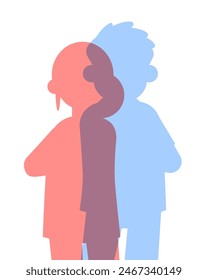 Male and female cartoon silhouette with overlay. Split personality vector illustration