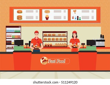 Male And Female Cashier At Fast Food Restaurant  Interior With Hamburger And Beverage, Character Flat Design Vector Illustration.