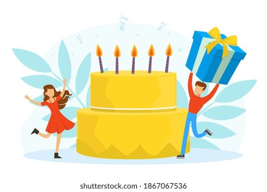 Male and Female Celebrating Birthday with Wrapped Gift Box and Big Cake with Candles Vector Illustration