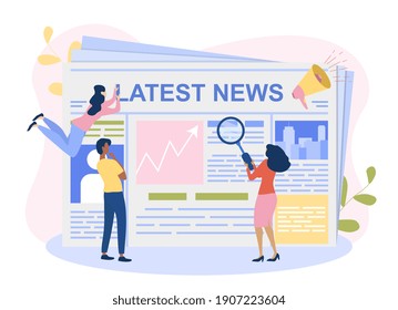 Male and female characetrs are reading latest news. Young men and women read newspaper with magnifier. Flat cartoon vector illustration