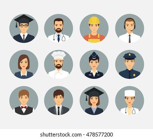 Male and female character avatars. Professional business people icons set with graduate doctor teacher businessman chef policeman