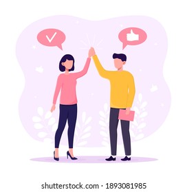 Male and female character congratulating each other. Two partners clap hands high five. Concept of teamwork and successful partnership. Flat cartoon vector illustration