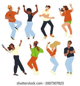 Male and female character dancing at party or disco, people having fun and practicing skills. Celebration or clubbing, personages listening to music and enjoy entertainment. Vector in flat style