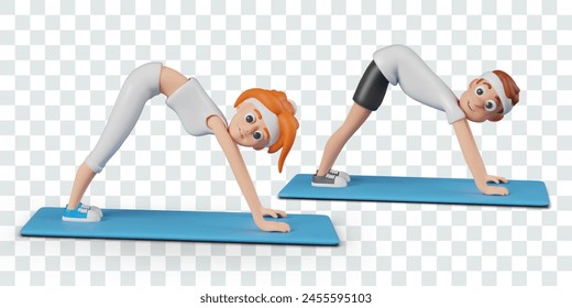 Male and female character doing yoga. Man and woman stand on mat