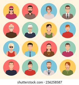 male and female character faces avatars. flat style vector icons set