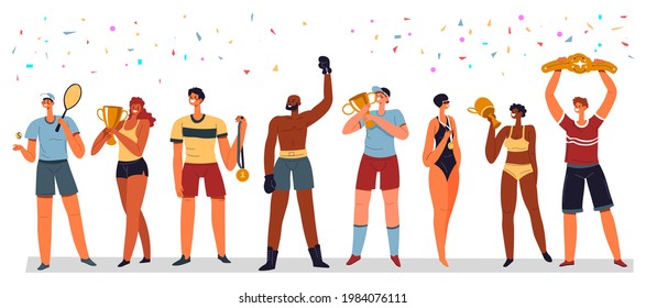 Male and female character holding awards and trophies for victories in championship and tournaments. Achievement and success of people in sports. Leaders and champions with gold. Vector in flat style