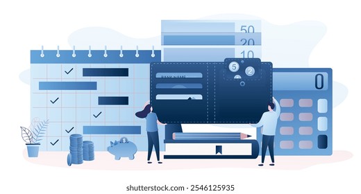 Male and female character holding wallet with money. Money management or family budget concept. Love couple with wallet. Monthly planner, calculator and piggy bank. Trendy style vector illustration