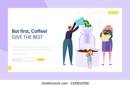 Male and Female Character Make Roasting Green Coffee Bean in Metal Tank Landing Page. Coffee Production Technology. Cafeteria Concept Website or Web Page. Flat Cartoon Vector Illustration