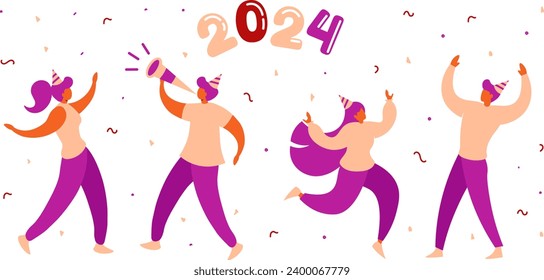 Male and Female Character New Year 2024 Party - Vector Illustration