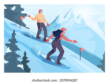 Male and female character on snowboard. Snowboarders riding on a competition. Couple of woman and man snowboarding, winter extreme sport activities. Flat vector illustration