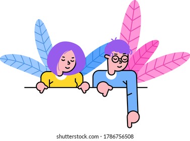 Male female character point to bottom, curious peeping down, people together indicate isolated on white, flat vector illustration. Concept wonderful cute population, leaf background.
