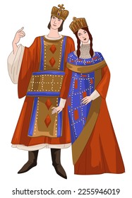 Male and female character representing Byzantine clothes and costumes. Man and woman, queen and king in crowns and luxurious dress and suit. Ancient times and old history. Vector in flat style