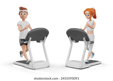 Personaje masculino y femenino corriendo en la cinta de correr. Personas entrenan en equipos deportivos