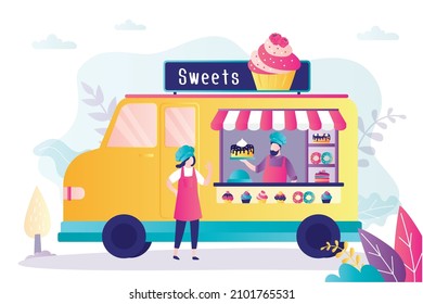 Male and female character sell different takeaway sweets. Trailer showcase full of cakes and cupcakes. Food truck workers prepare and sell sweets. Small business concept. Flat vector illustration