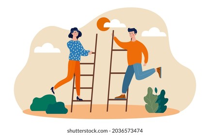 Male and female character are taking small steps for big achievements. Concept of persistence and daily effort for target and goal reaching. Flat cartoon vector illustration