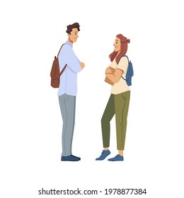 Male and female character talking or flirting, young boy and girl having conversation. University friends discussing classes, meeting man and woman wearing satchels. Vector in flat cartoon style