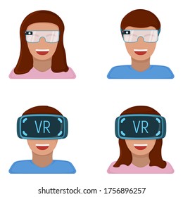 Male and female character in virtual reality glasses, modern technology augmented reality isolated on white, flat vector illustration. Future hardware stuff, people remote communication device.
