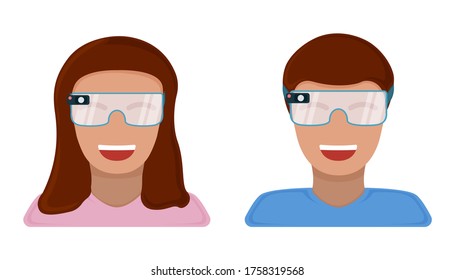 Male and female character in virtual reality glasses, modern technology augmented reality isolated on white, flat vector illustration. Future hardware stuff, people remote communication device.