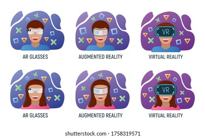 Male and female character in virtual reality glasses, modern technology augmented reality isolated on white, flat vector illustration. Future hardware stuff, people remote communication device.