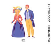 Male and female character wearing clothes in nineteenth century fashion flat isolated vector illustration