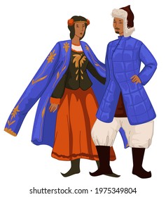 Male and female character wearing clothes and accessories of Golden horde period. Mongol man and woman in skirt, trousers and cloaks. Ancient people historical outfits apparels. Vector in flat style