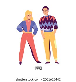 Male and female character wearing clothes in fashion of nineties flat isolated vector illustration