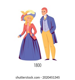 Male and female character wearing clothes in nineteenth century fashion flat isolated vector illustration