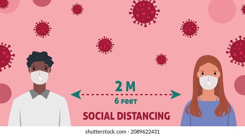 Male and female character wearing surgical mask and face shield maintain social distancing to prevent virus spread and flu prevention, coronavirus, social isolation and self quarantine concept